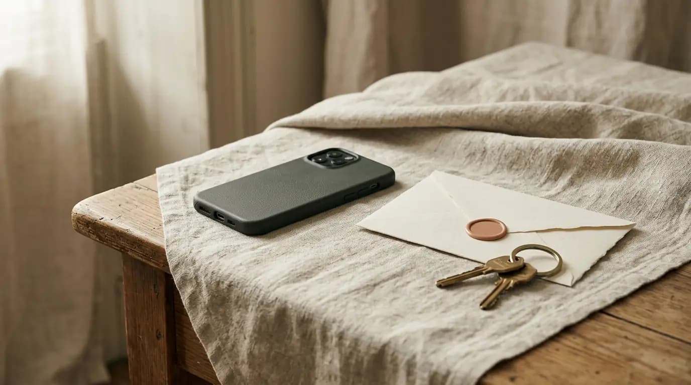 A phone face down beside an unopened envelope and keys