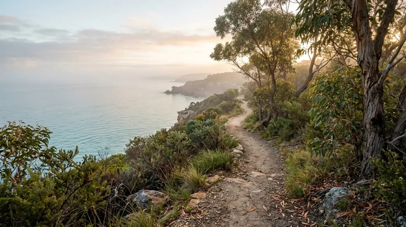 Misty eucalyptus coastline at dawn, calm ocean and native trees