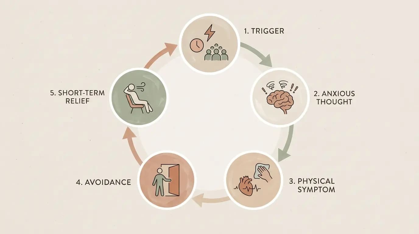 Illustrated diagram of the five-stage anxiety cycle from trigger to relief