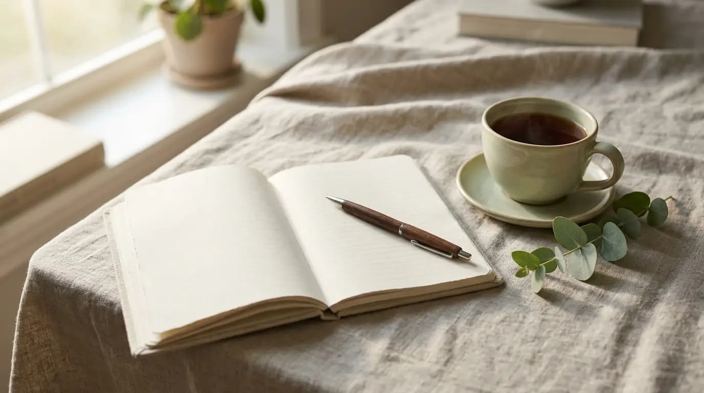 Notebook, pen, and tea on linen, a quiet reflective still-life scene