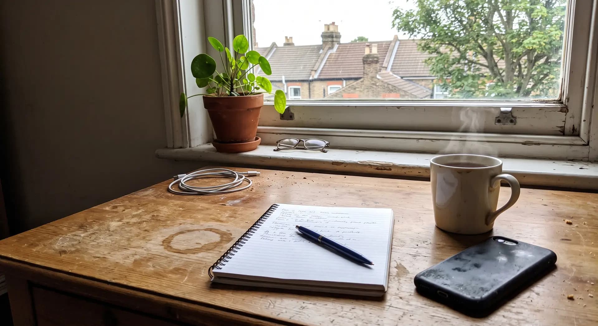 An open notebook and a mug on a desk by a window