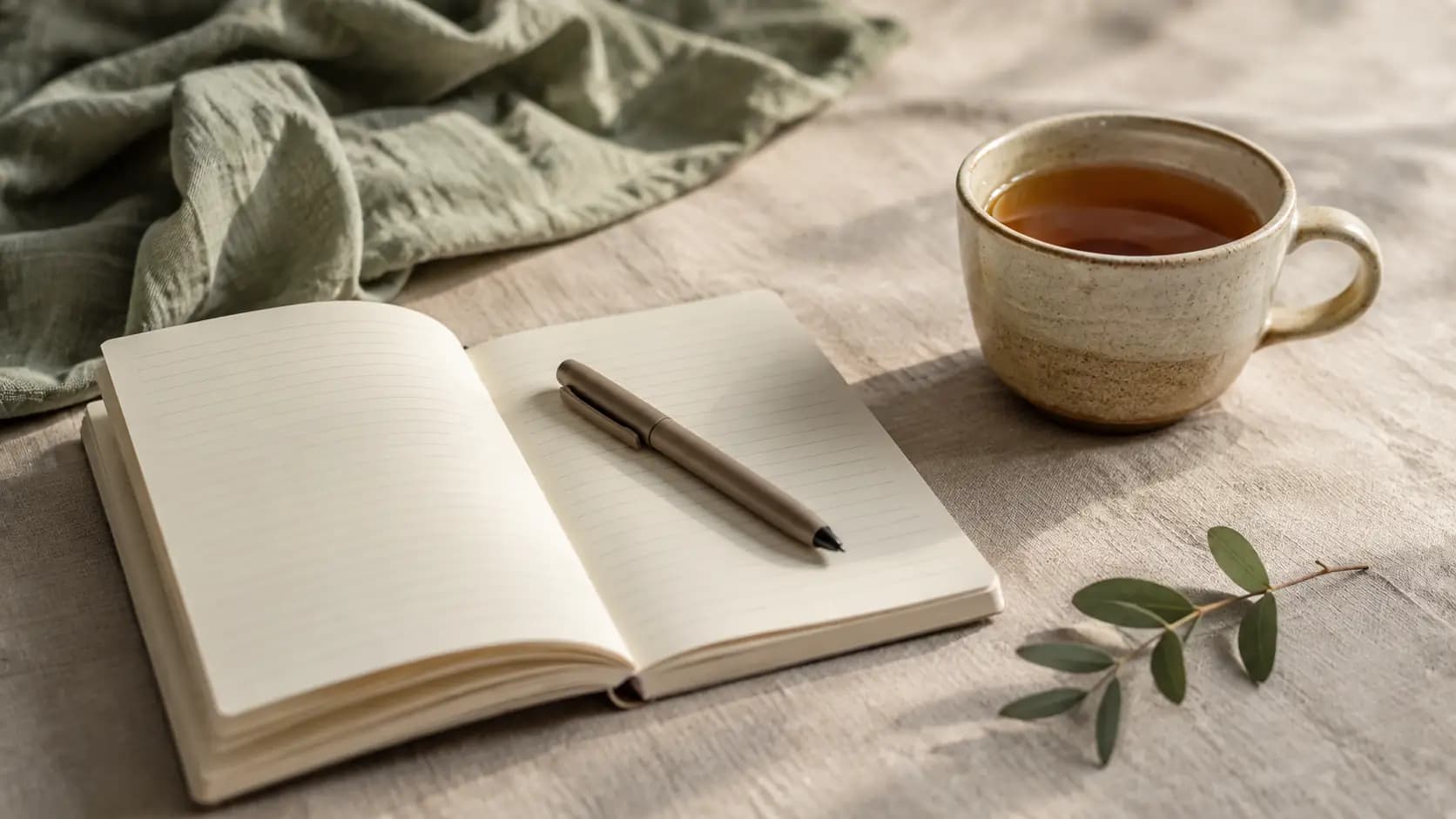 Open notebook and pen beside a cup of tea on linen