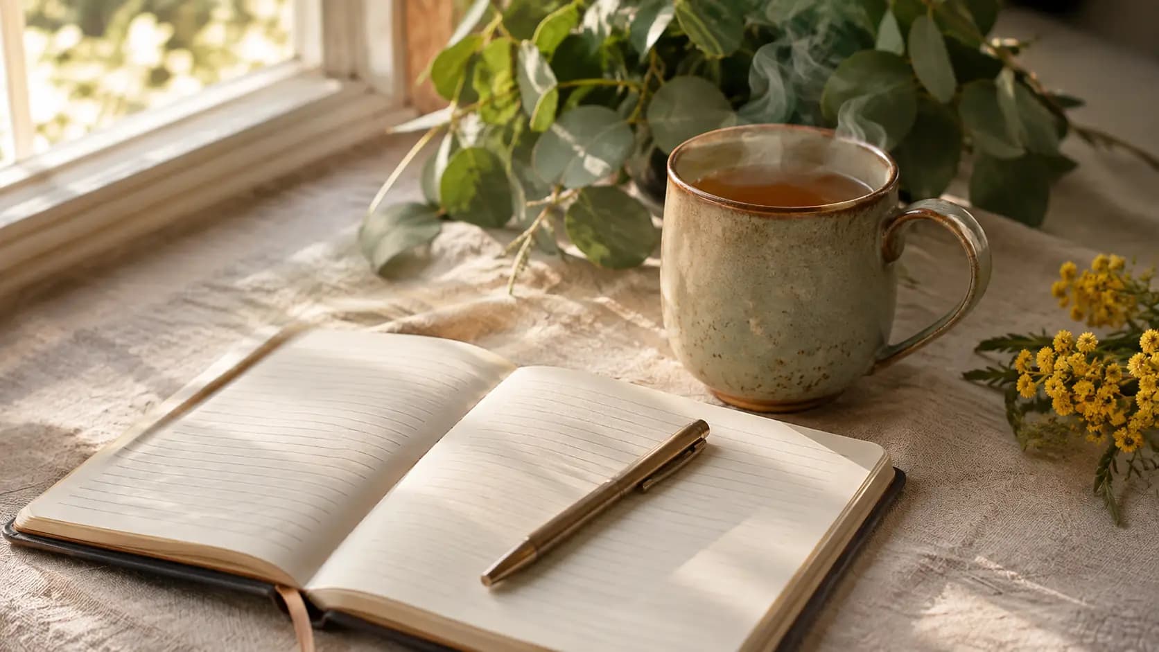 Notebook and tea evoking quiet reflection on anxiety symptoms