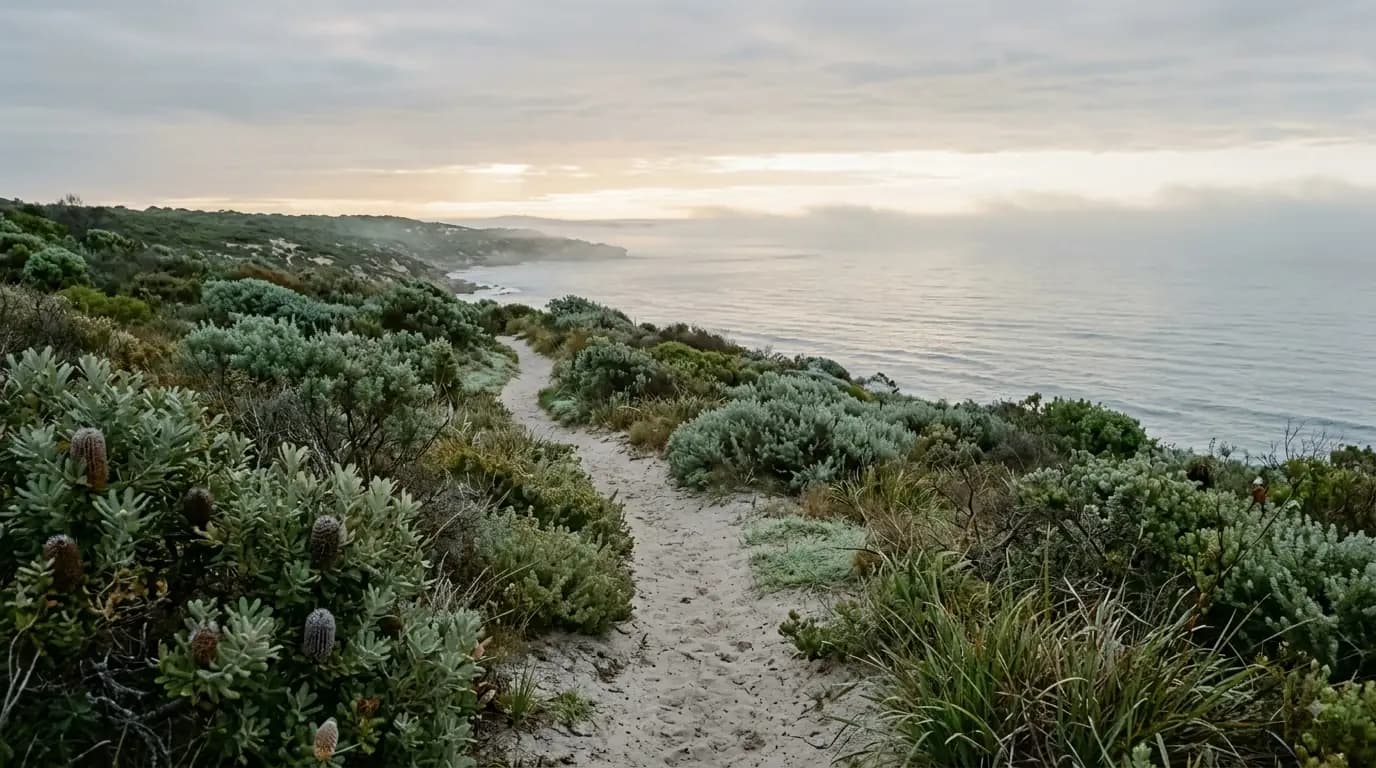 Misty coastal path at dawn evoking calm for generalised anxiety disorder