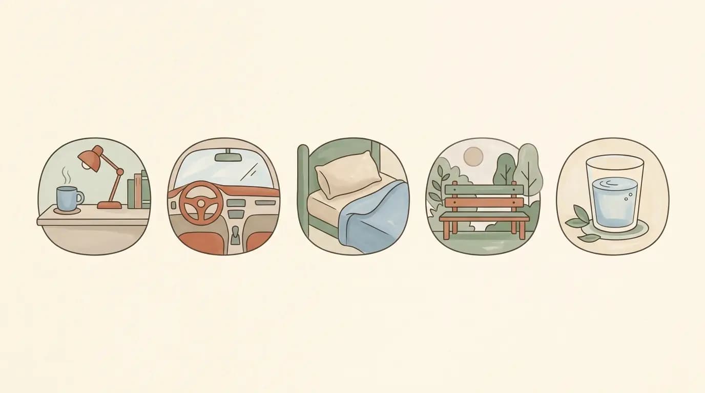 Icons of a desk, steering wheel, bed, park bench and glass of water