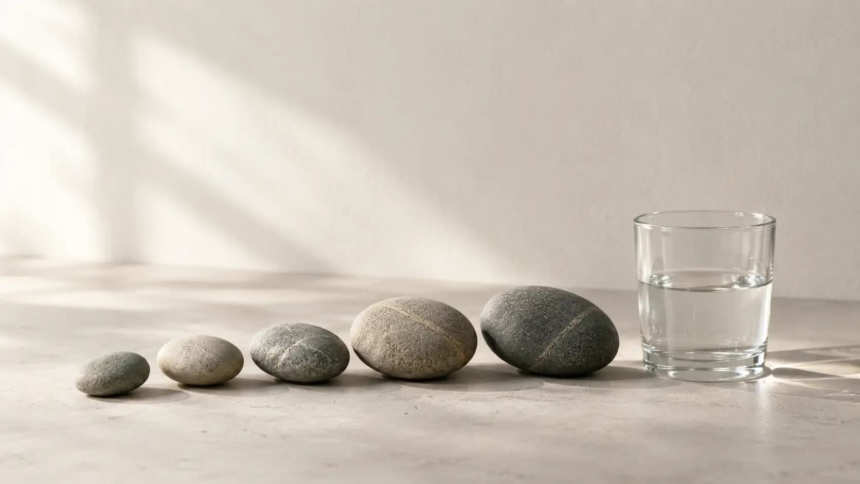 Five smooth stones and a glass of water on a pale concrete surface
