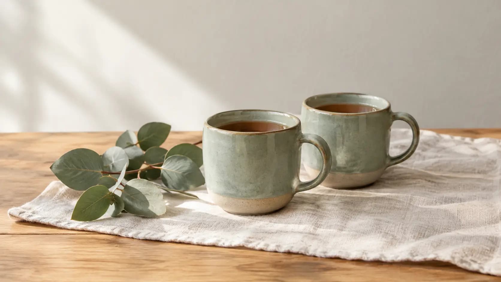 Two ceramic mugs of tea and a eucalyptus sprig on a linen-covered oak table