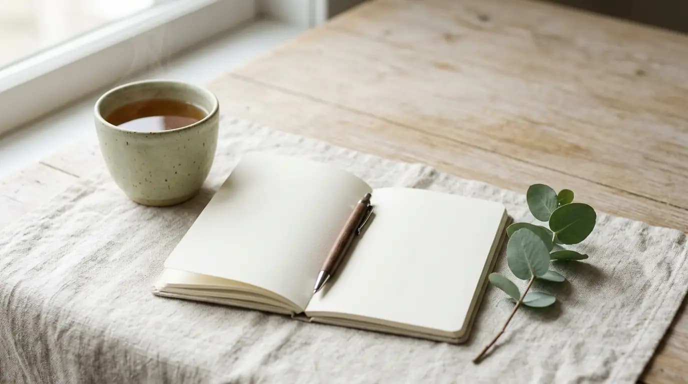 Blank open notebook and pen beside a cup of tea on linen