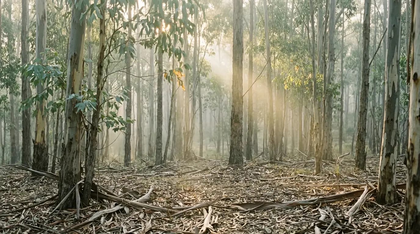 Sunlight filtering through eucalyptus leaves in quiet Australian bushland