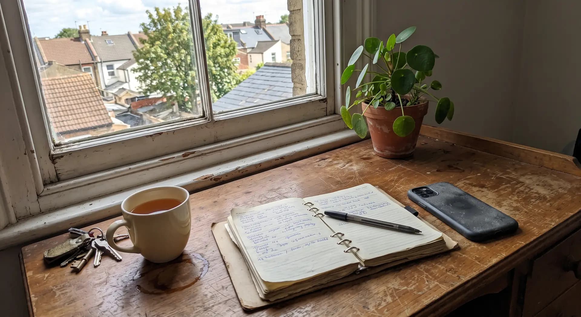 A diary and phone on a desk by a window