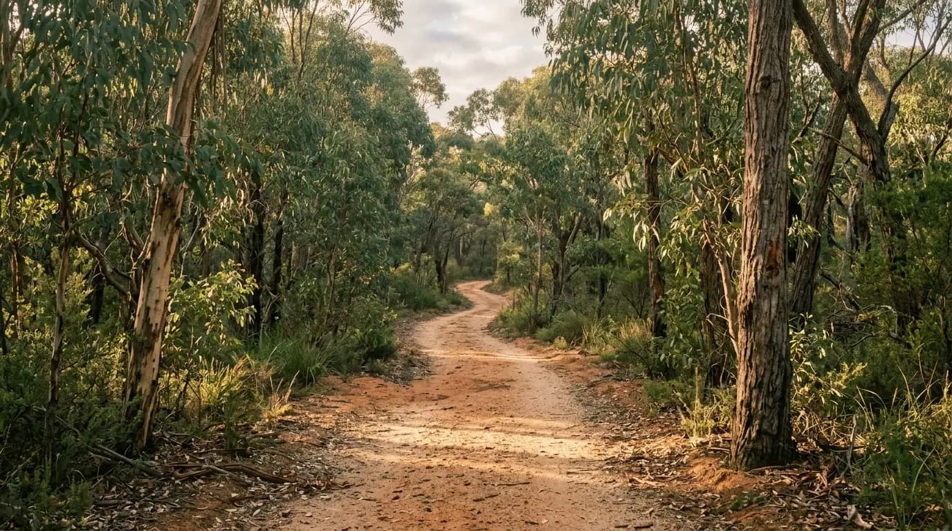 Sunlit bushland path through eucalyptus trees in Western Australia