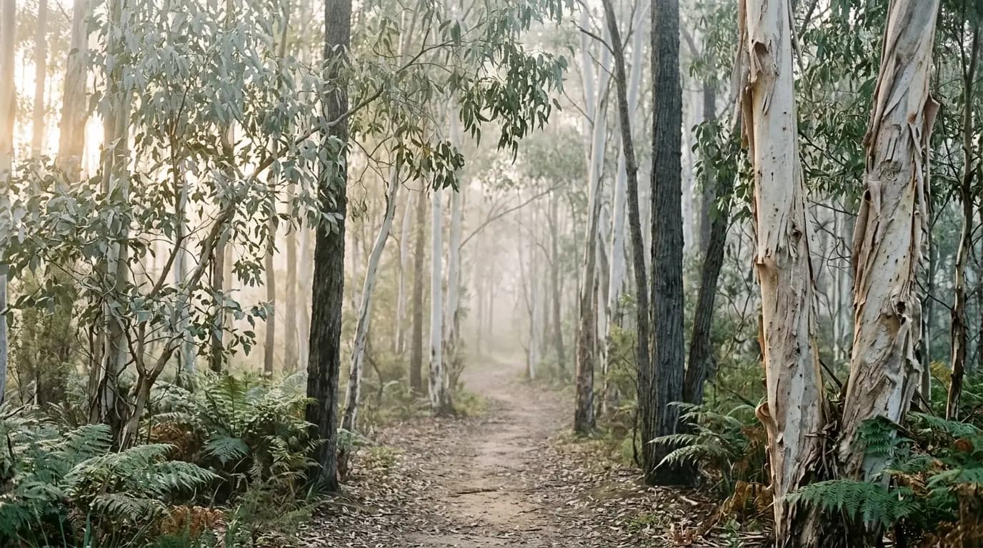 Morning light through eucalyptus leaves above a quiet bush path with ferns