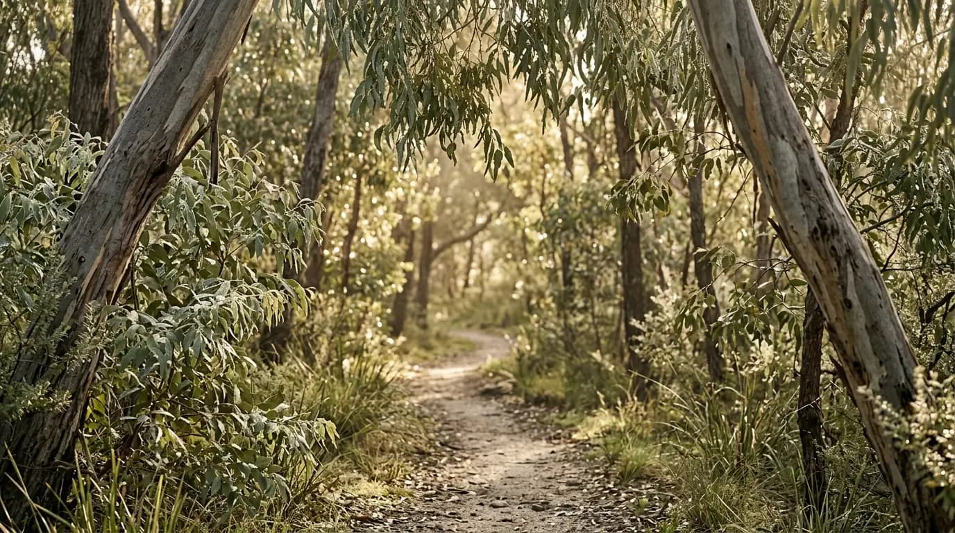 Morning light through eucalyptus leaves on a bushland path