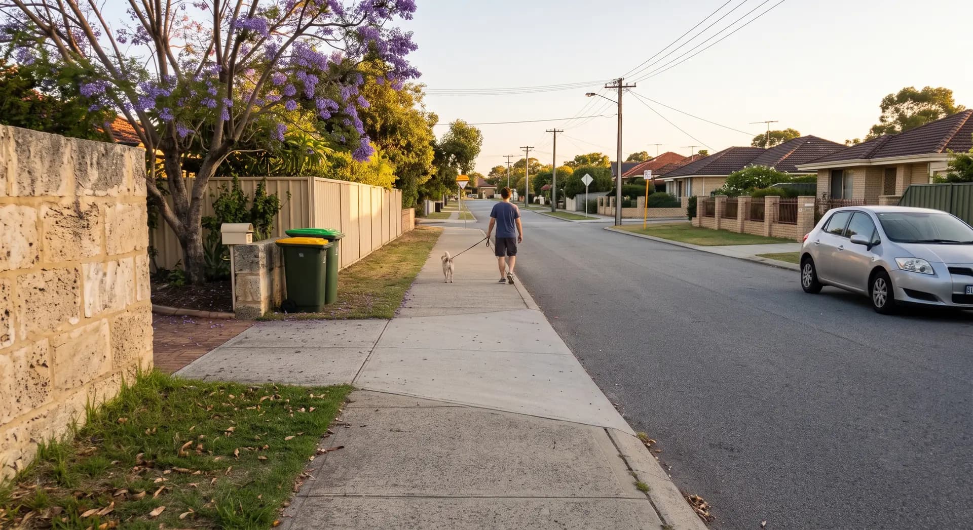 Walking the dog on a suburban street in the evening