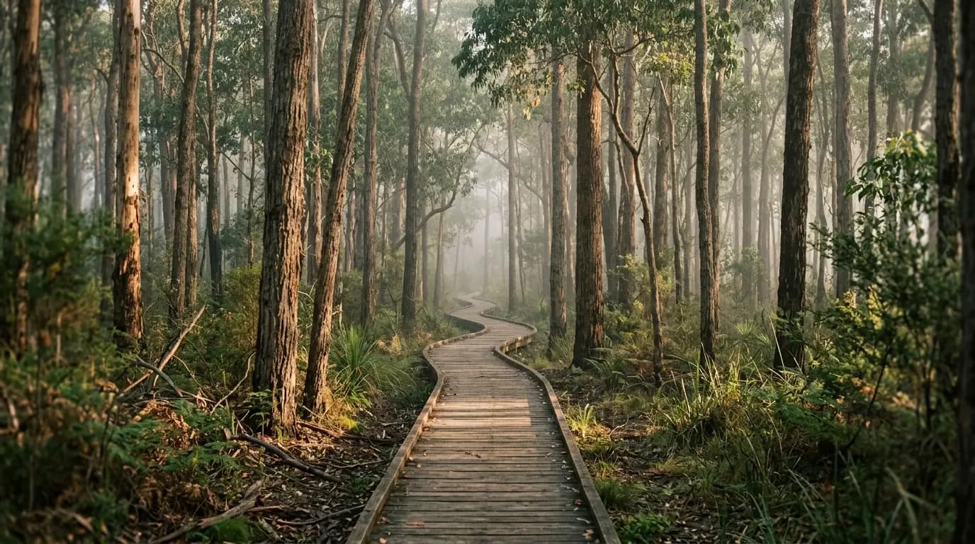 Misty eucalyptus bushland path with soft morning light and timber boardwalk