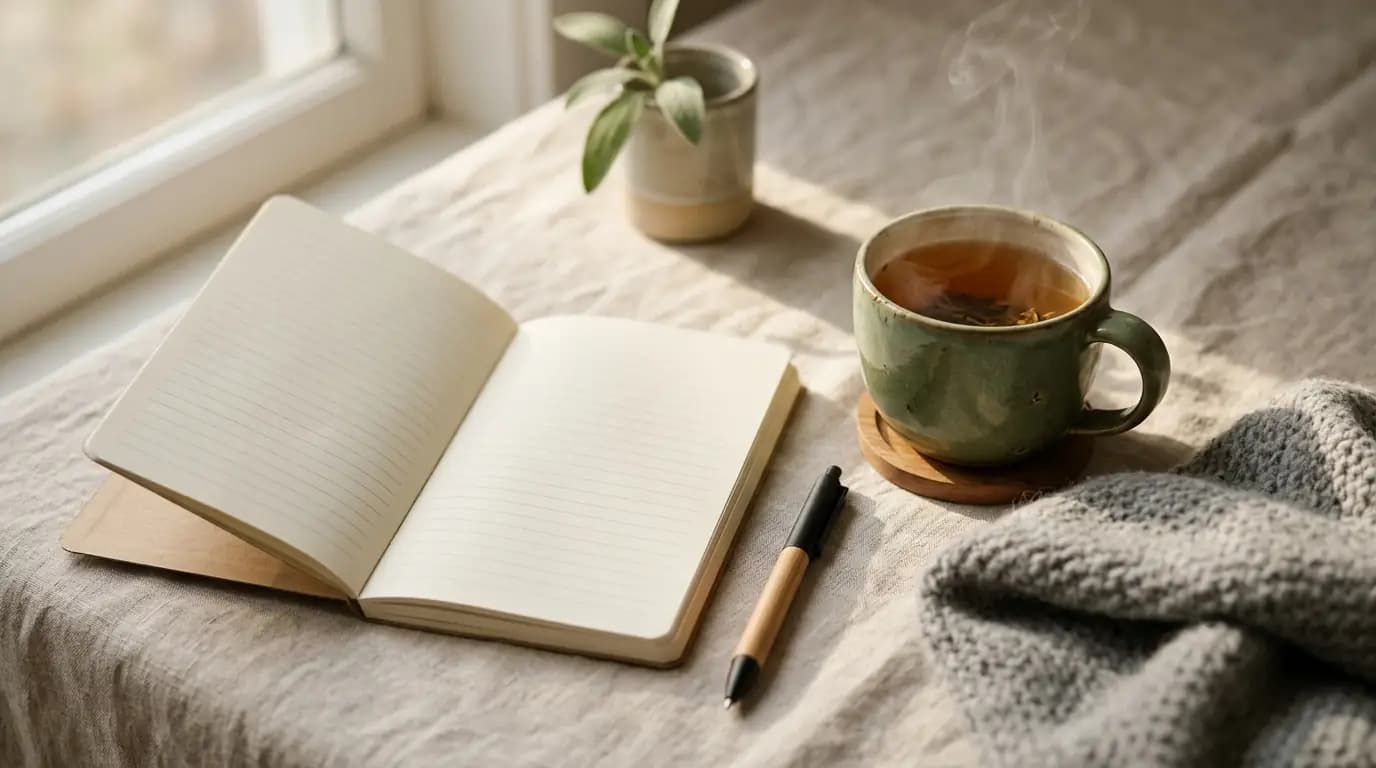 Notebook, pen and cup of tea on a linen surface in soft light