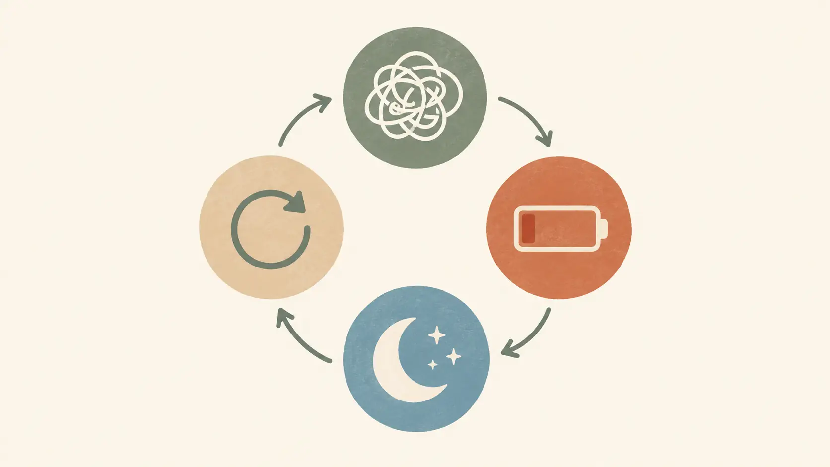 Illustrated loop of four icons showing how worry and low mood feed each other