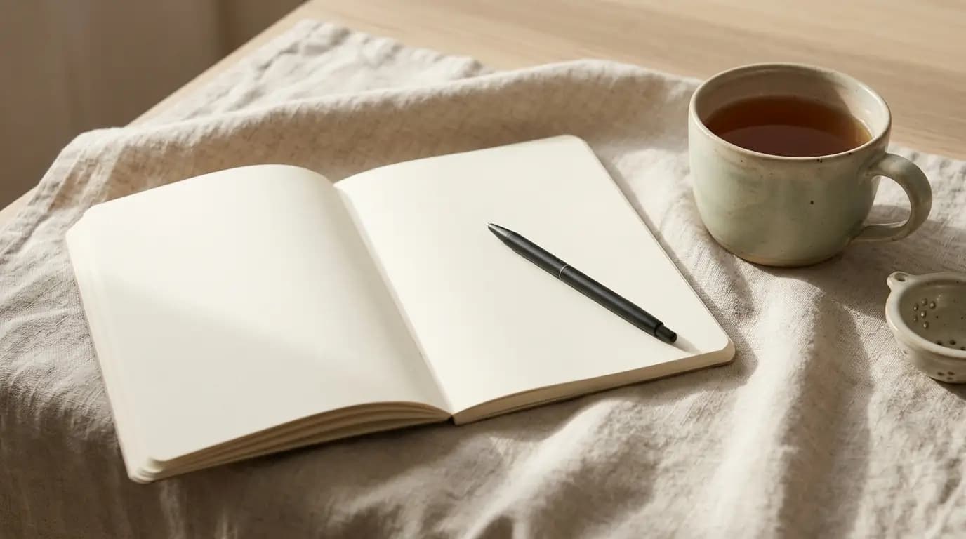 Open notebook, pen and cup of tea on a linen surface