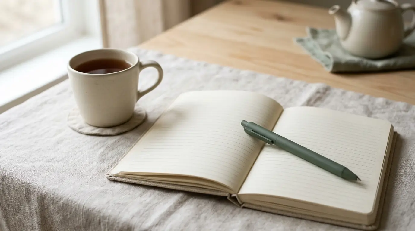Open blank notebook and pen beside a cup of tea on linen