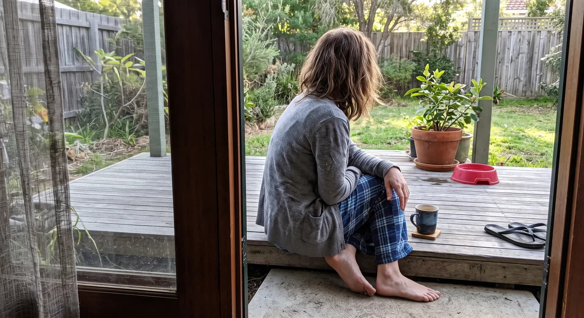 A person sitting on their back step with a coffee in the morning