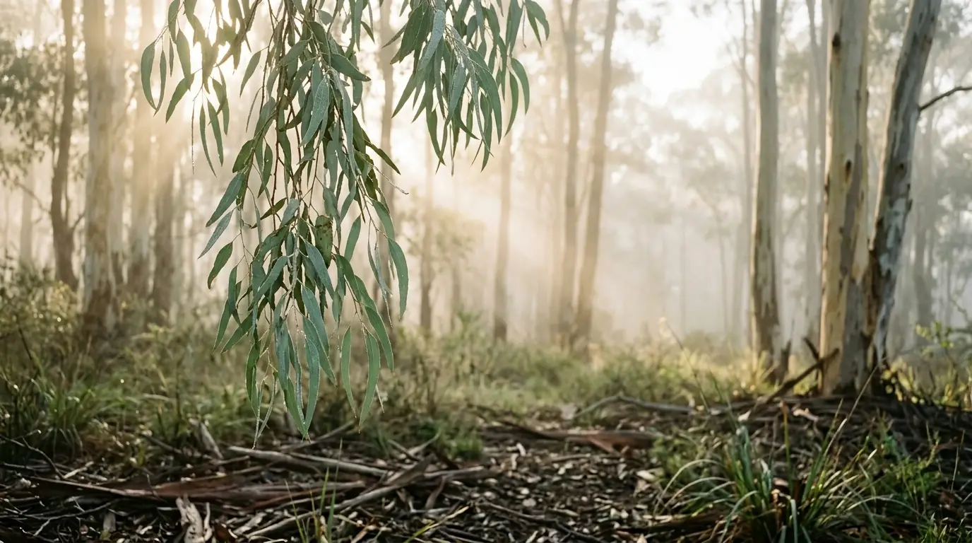 Soft morning mist between eucalyptus trunks and hanging gum leaves in Australian bushland