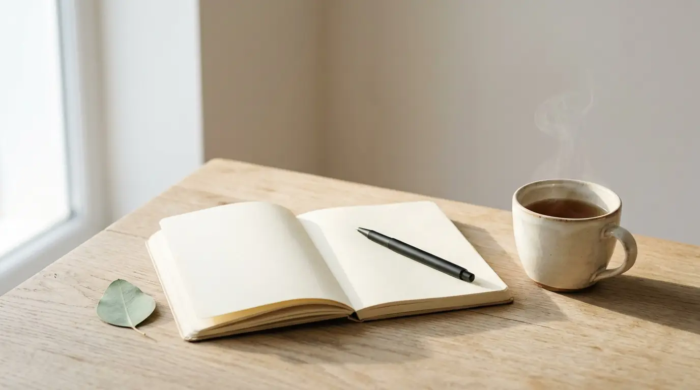 Open blank notebook and pen beside a cup of tea on a timber table