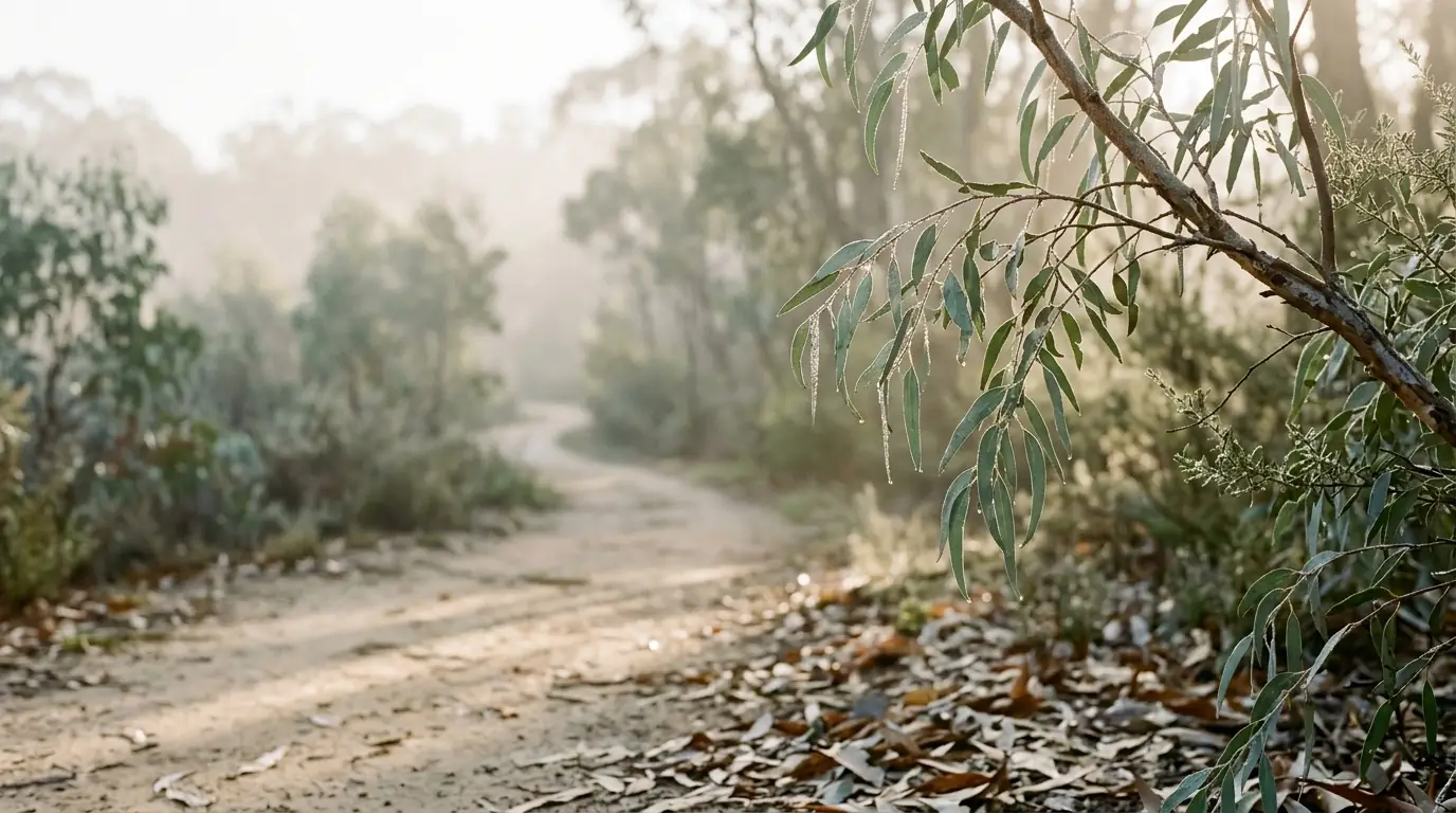 Soft morning mist over a sandy bush path beneath eucalyptus leaves