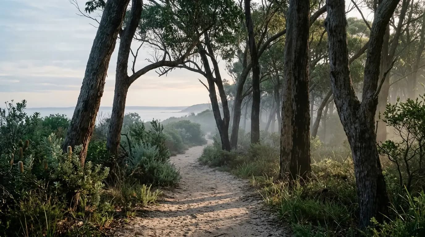 Misty eucalyptus coastal path at dawn in Western Australia