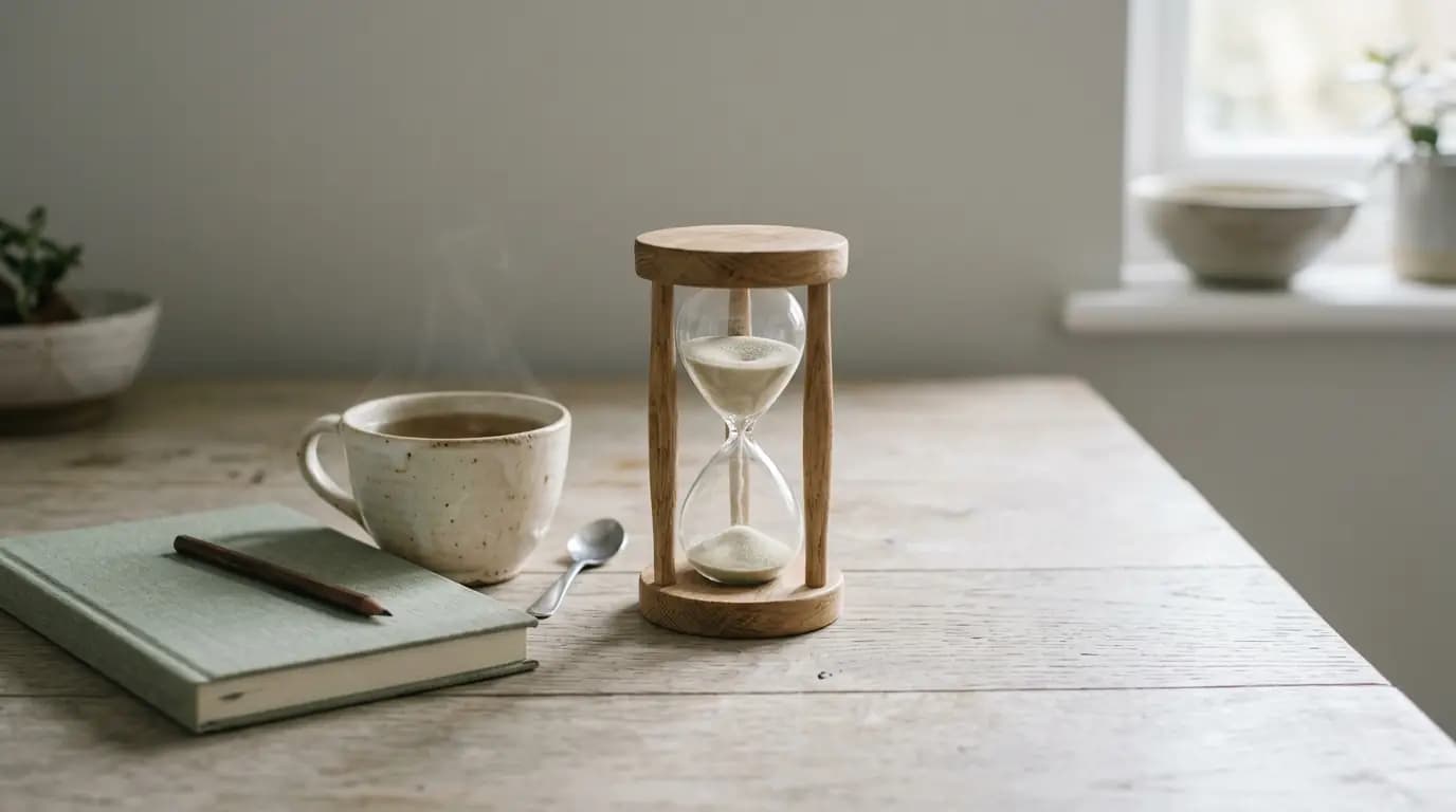 Sand timer beside a cup of tea and notebook on a pale timber table