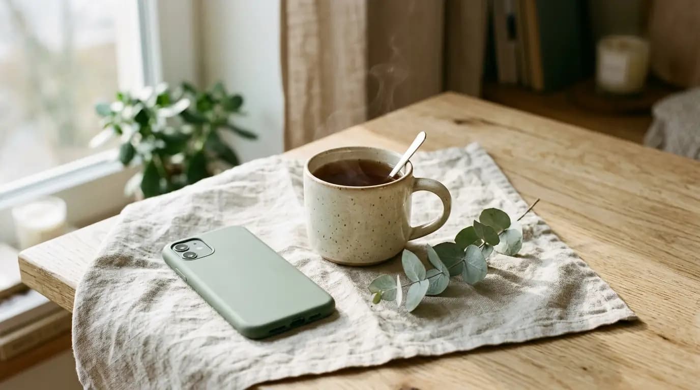 Smartphone lying face down beside a cup of tea and eucalyptus sprig on linen