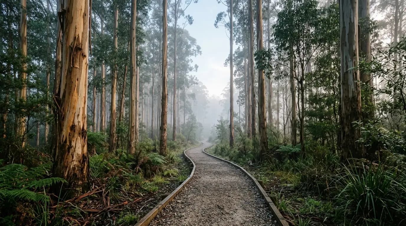 A misty bushland boardwalk curving gently through eucalyptus trees at dawn