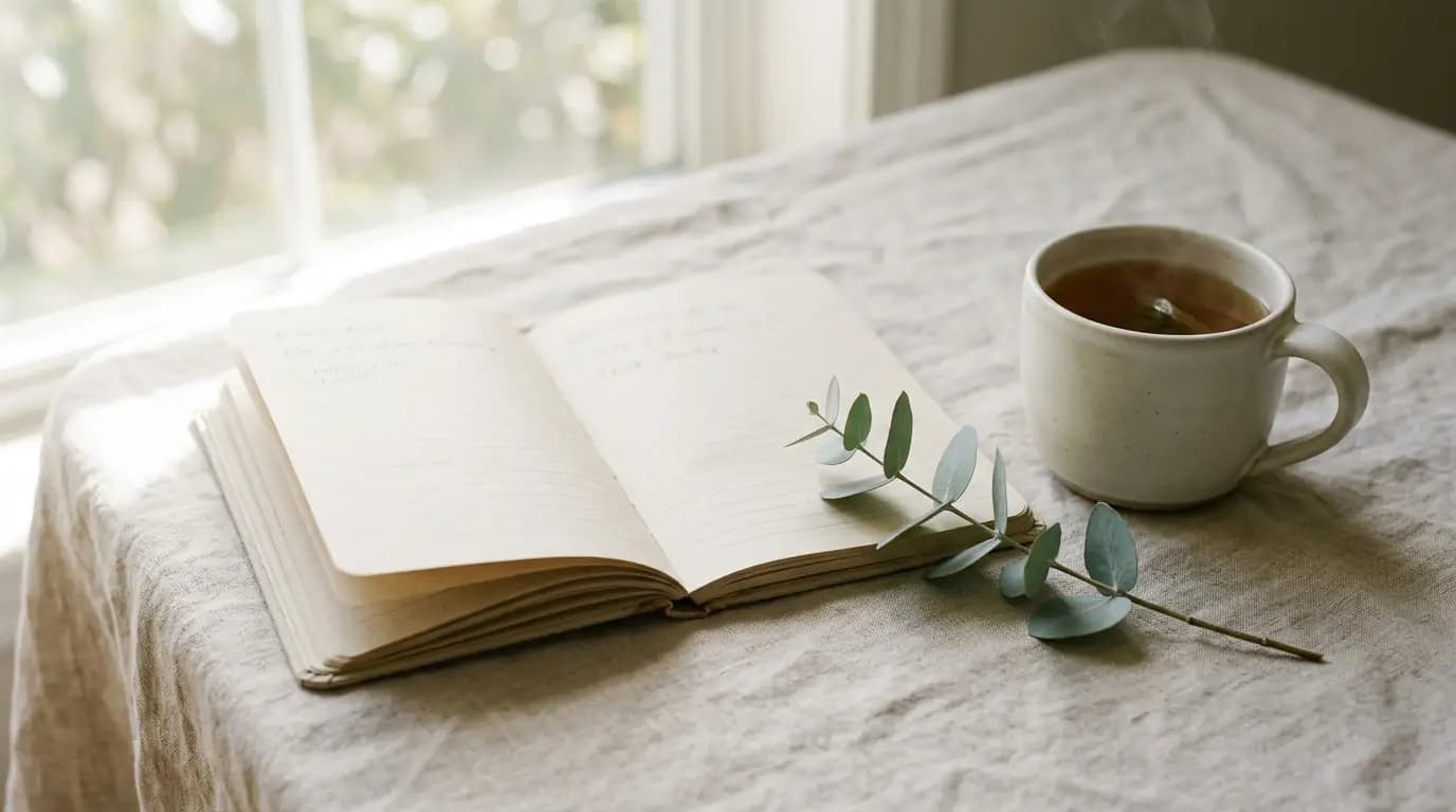 A notebook, tea and eucalyptus sprig arranged on linen in soft daylight
