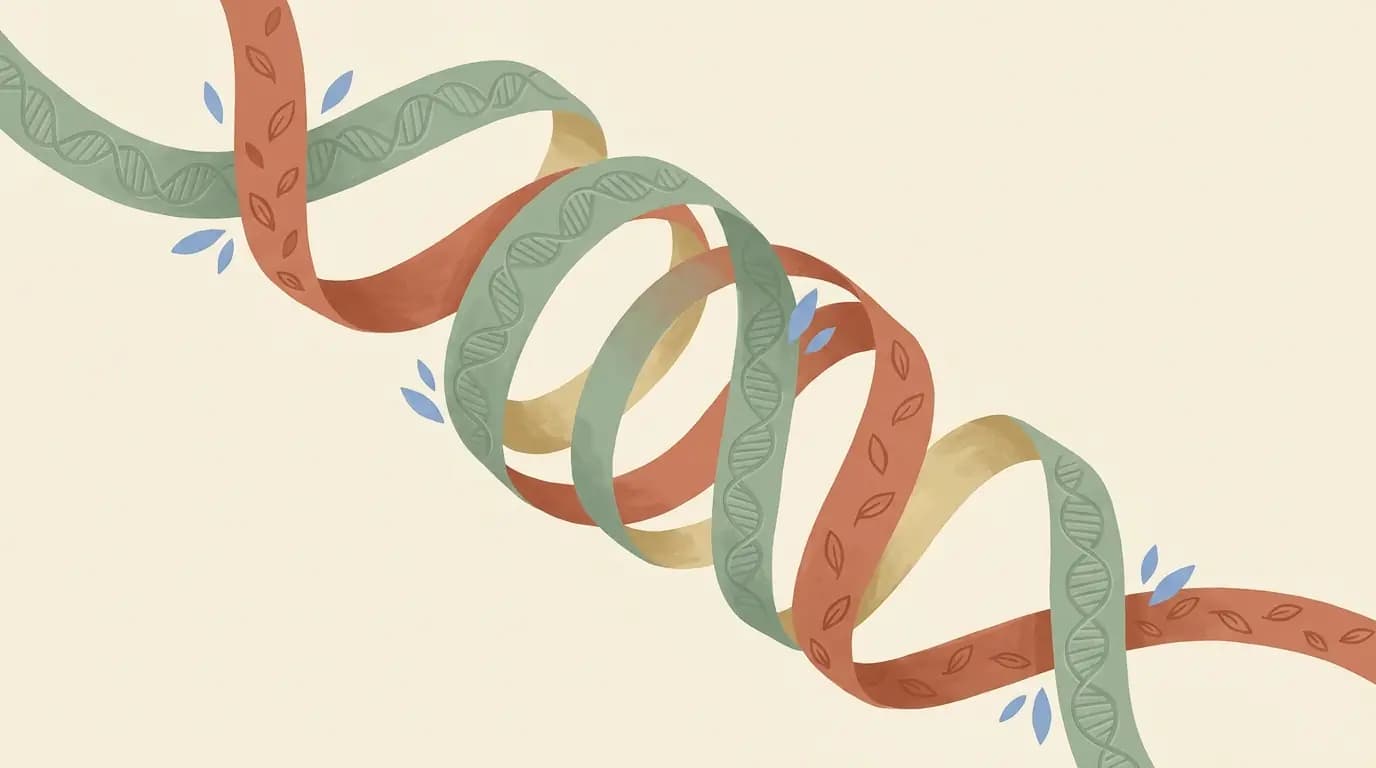 Illustration of two intertwined ribbons representing genes and life experience