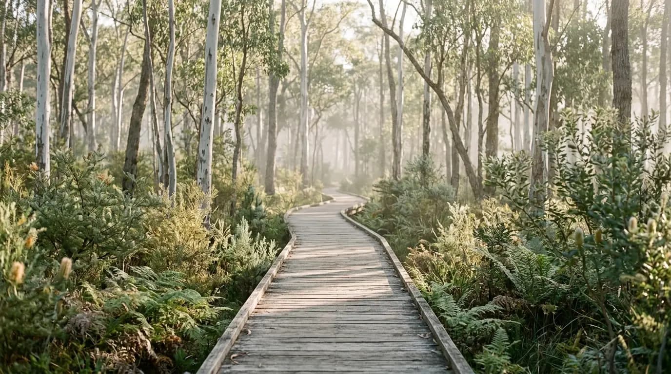 Timber boardwalk winding through misty eucalyptus bushland in soft morning light