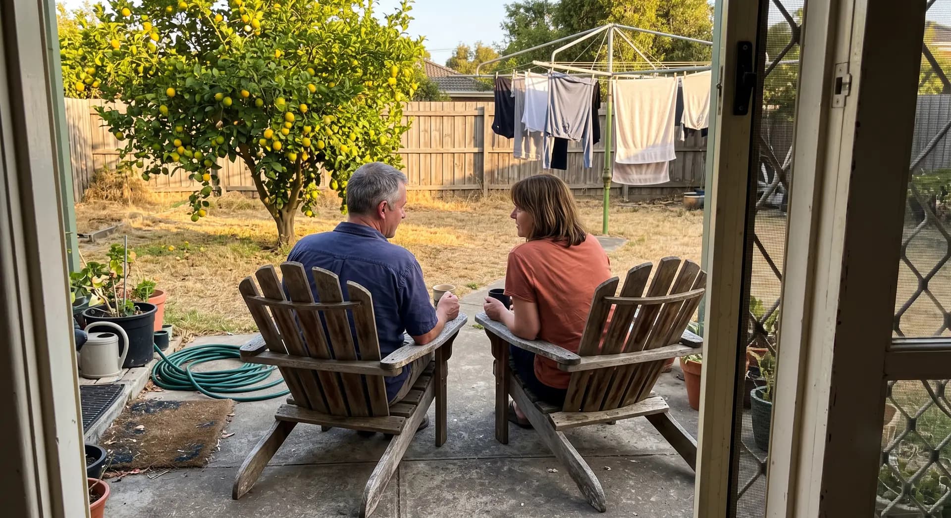 Two people sitting together in a backyard in the late afternoon