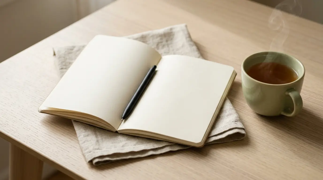 Open blank notebook and pen beside a cup of tea on linen