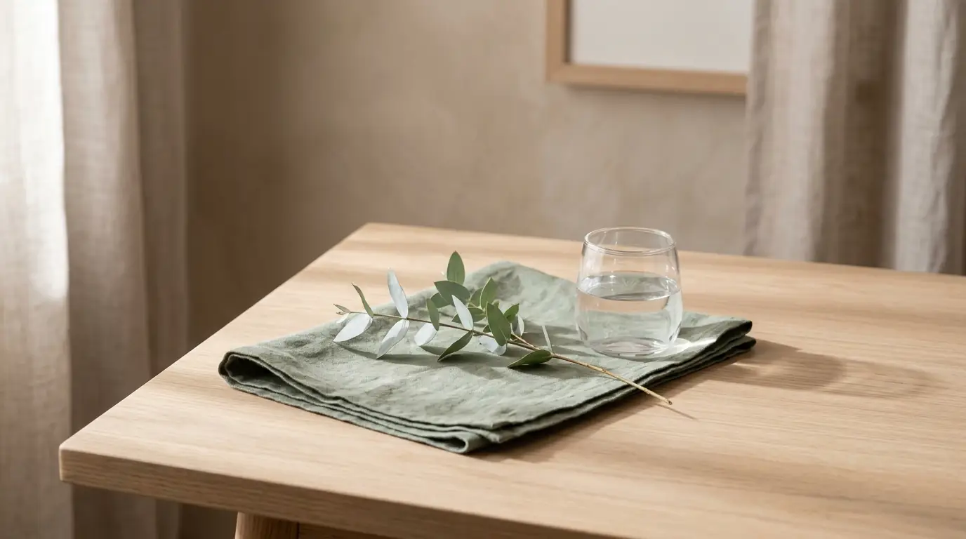 Folded linen, glass of water, and eucalyptus sprig on timber table