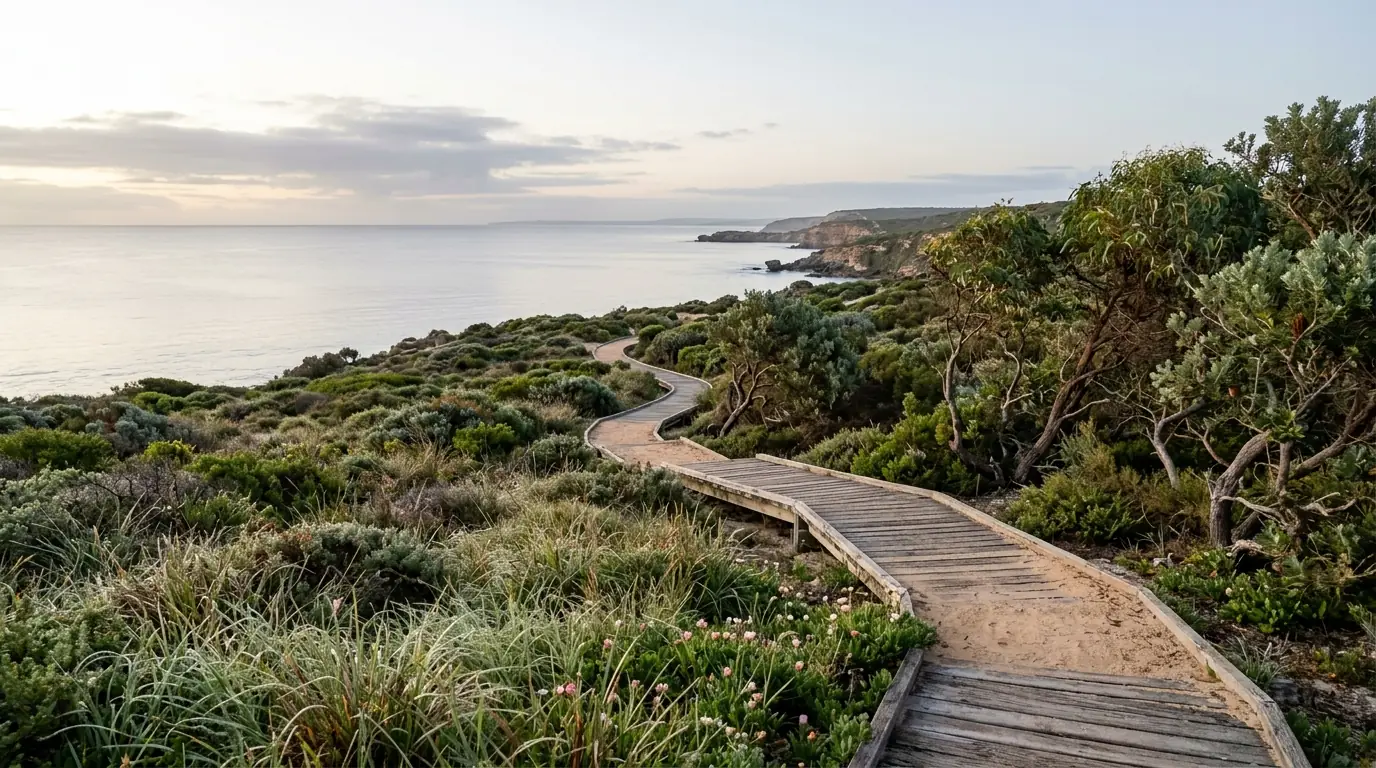 Calm coastal boardwalk through eucalyptus scrub at dawn, Western Australia