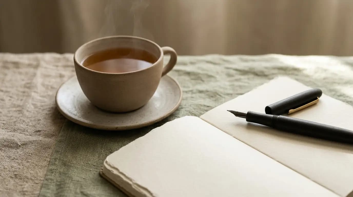 Cup of tea and open notebook on a linen surface
