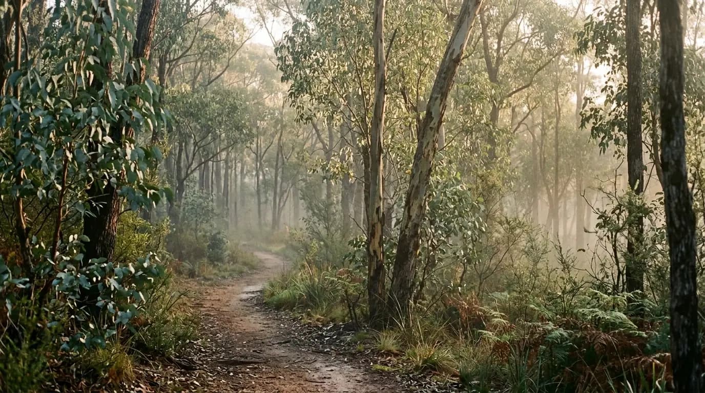 Soft morning light through eucalyptus leaves in Australian bushland