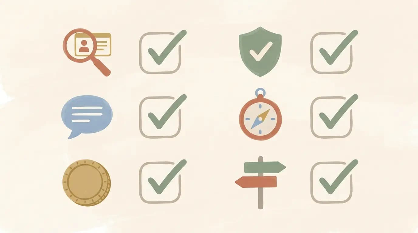 Six simple icons beside tick boxes representing a practitioner credentials checklist