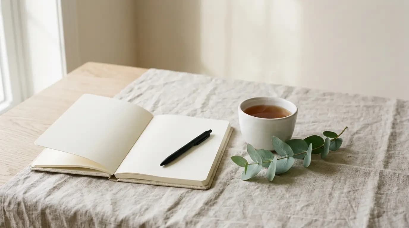 Open notebook, pen and cup of tea on linen beside a eucalyptus sprig
