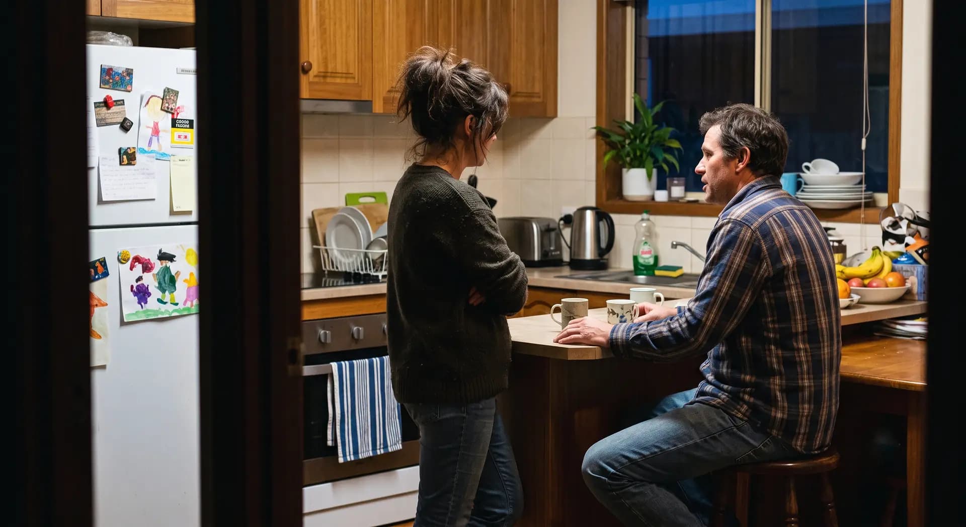 Two people talking in a kitchen in the evening