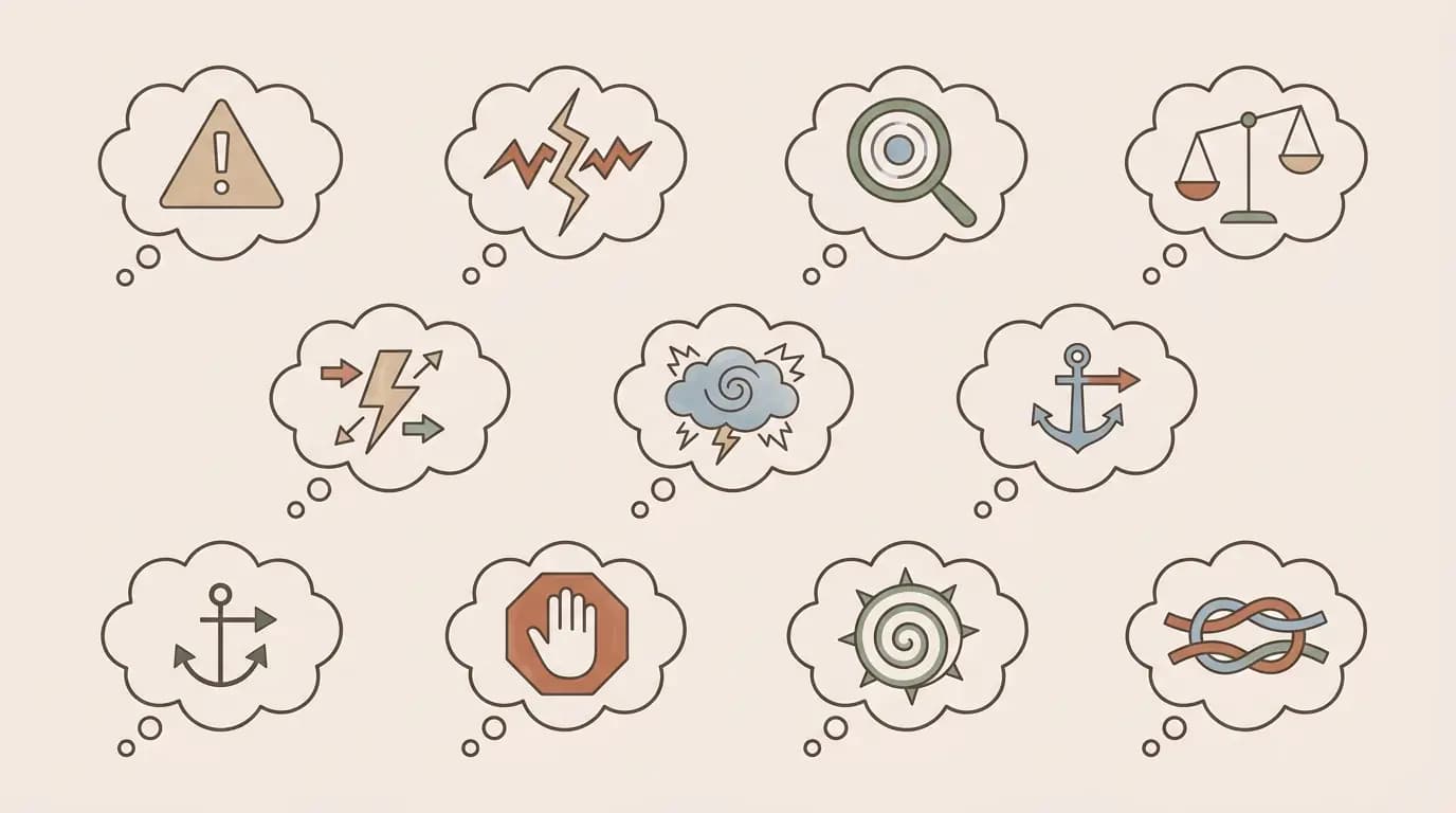 Illustrated icons representing different anxious thinking patterns