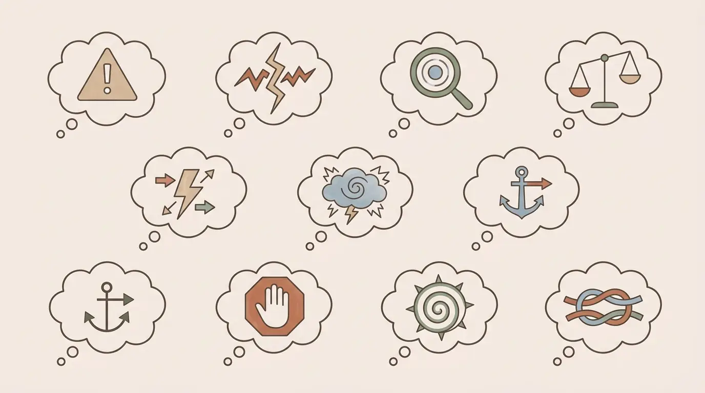 Illustrated icons representing different anxious thinking patterns
