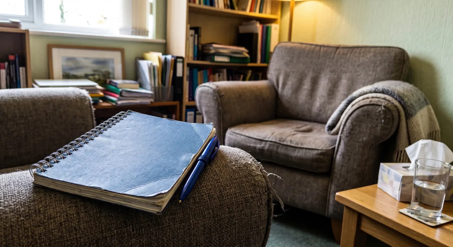 A notepad resting on the arm of a chair in the consulting room