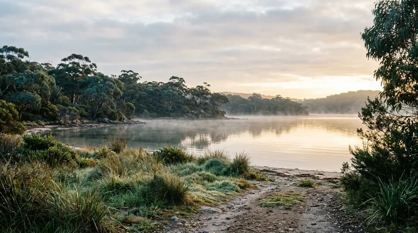 Misty eucalyptus coastline at dawn with soft golden light and still water