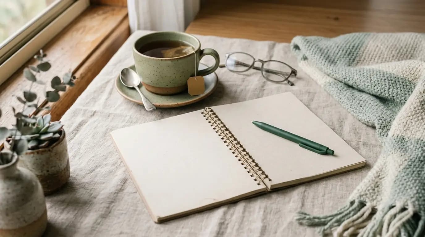 Notebook, pen and tea cup on linen, a quiet reflective still-life scene